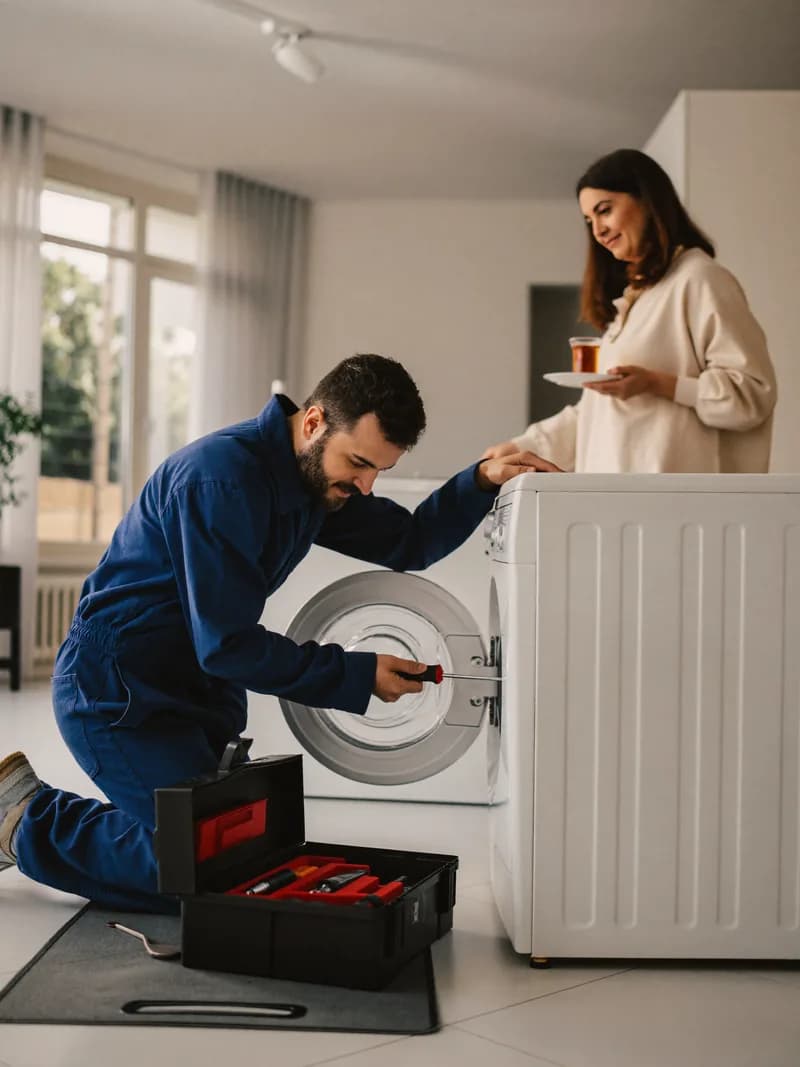 Ariston çamaşır makinesinin kapağını açarak pompa ve tambur arızasını gideren servis teknisyeni